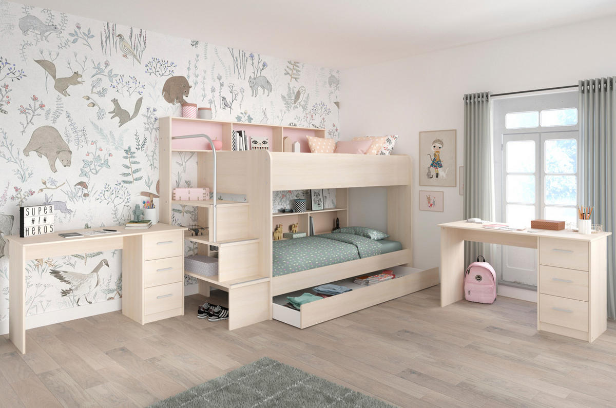 KINDERZIMMER Set 4-tlg. mit Etagenbett und 2 x Schreibtisch - Silberfarben/Akaziefarben, Holzwerkstoff/Kunststoff (245/171/114cm) - Parisot Meuble