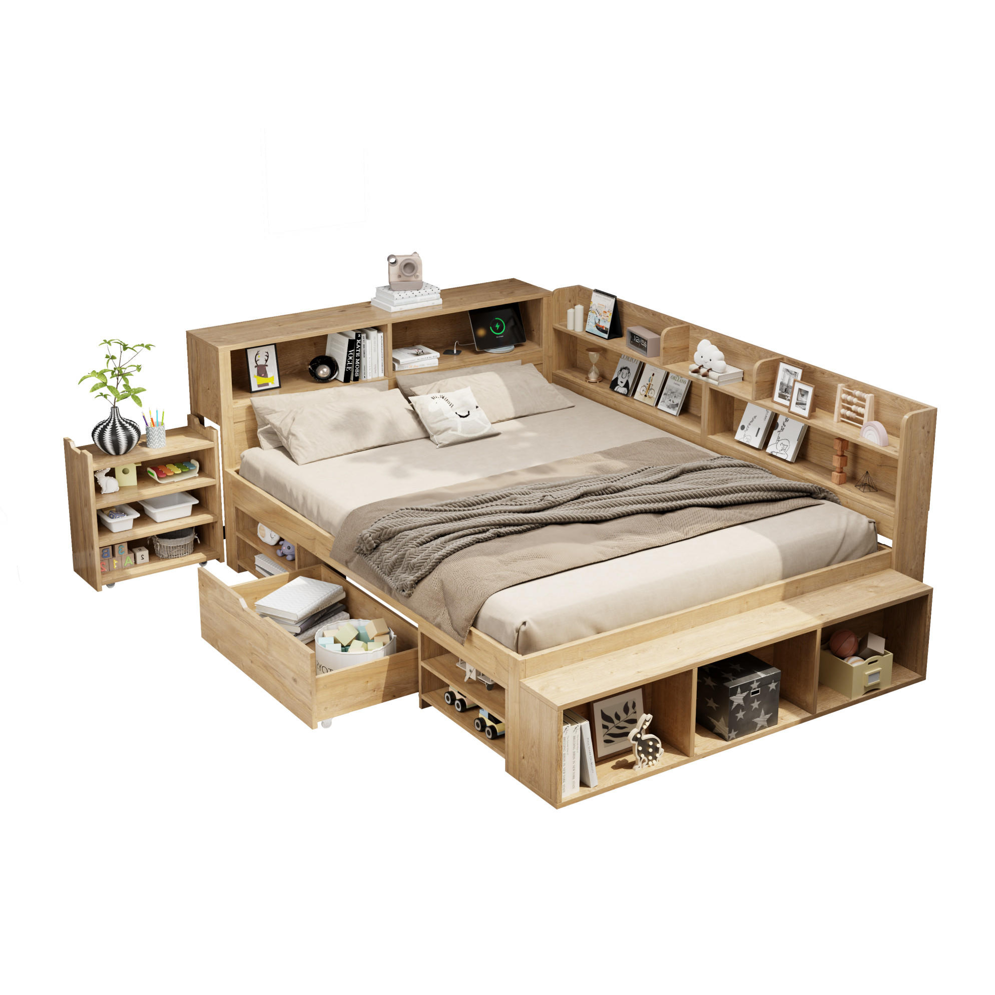 KINDERBETT 140/200 cm natur aus Sperrholz mit Stauraum und Regalen - Naturfarben, Holzwerkstoff (140/200cm) - OKWISH