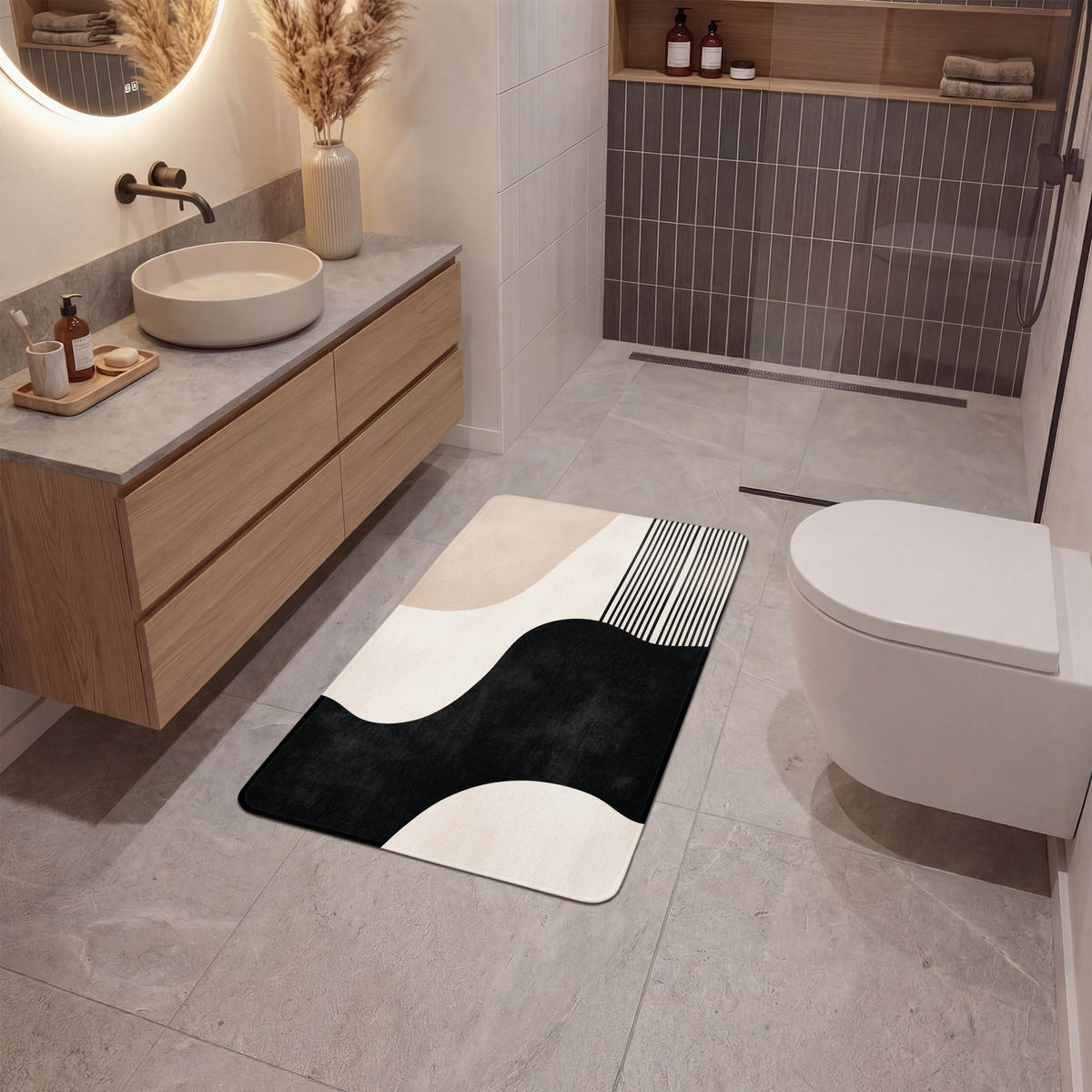 KÚPEĽŇOVÁ PREDLOŽKA Abstraktné - Japonské - Béžové - Moderné 60x90 cm - čierna/béžová, textil/plast (60/90cm) - OnlyWow