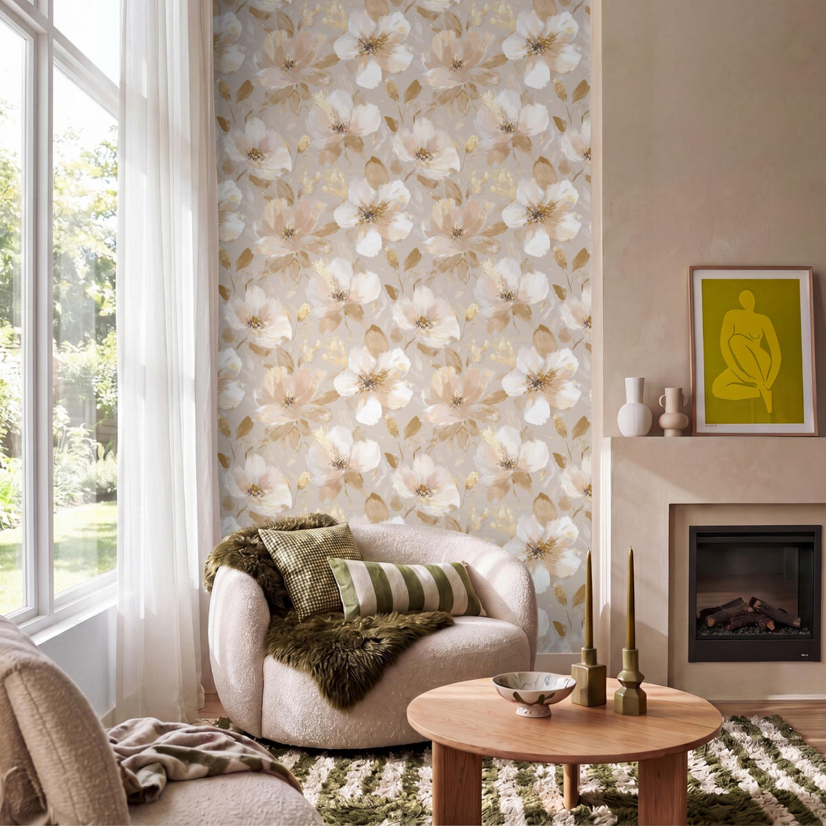 TAPETE - Blumen - künstlerisch - Gold - 120x200 cm - Beige, Papier (120/200cm) - OnlyWow