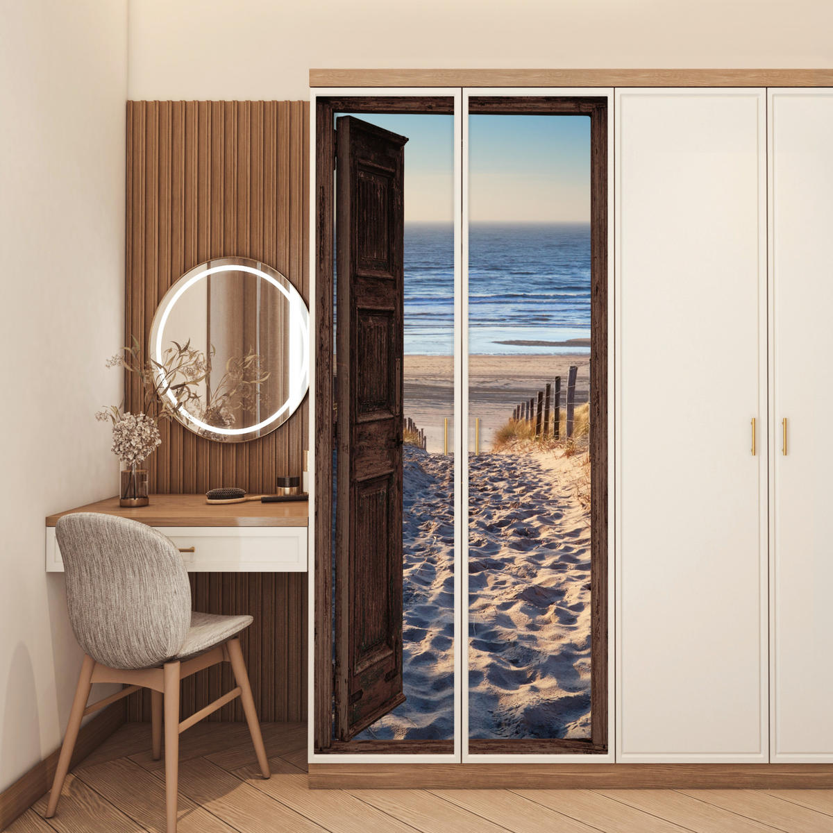 FOTOTAPETE Tür - Fensterblick - Strand - Meer - Weg - Dünen 75x205 cm - Sandfarben, Kunststoff (75/0.1cm) - MuchoWow
