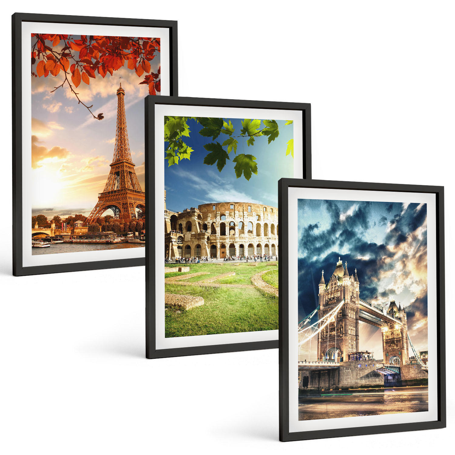 BILDER SET 3er Set - 40x60 cm Schwarzer Rahmen - Denkmäler Europas - Schwarz, Kunststoff (40/60cm) - TULUP