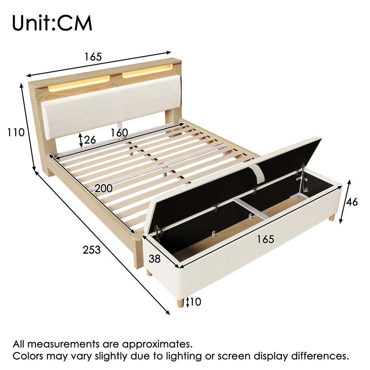 POLSTERBETT 160/200 cm mit LED-Beleuchtung, Kopfteil mit Stauraum und Bettbank, Beige - Beige, Holz (160/200cm) - Redom