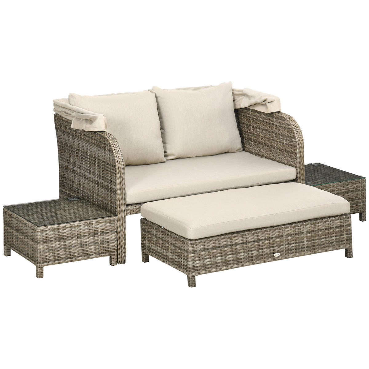 GARTENLOUNGE-SET 4tlg. DE-13640 2-Sitzer-Sofa mit Hocker & 2 Tischen Beige & Braun - Mokka, Kunststoff/Metall - ComfortXL
