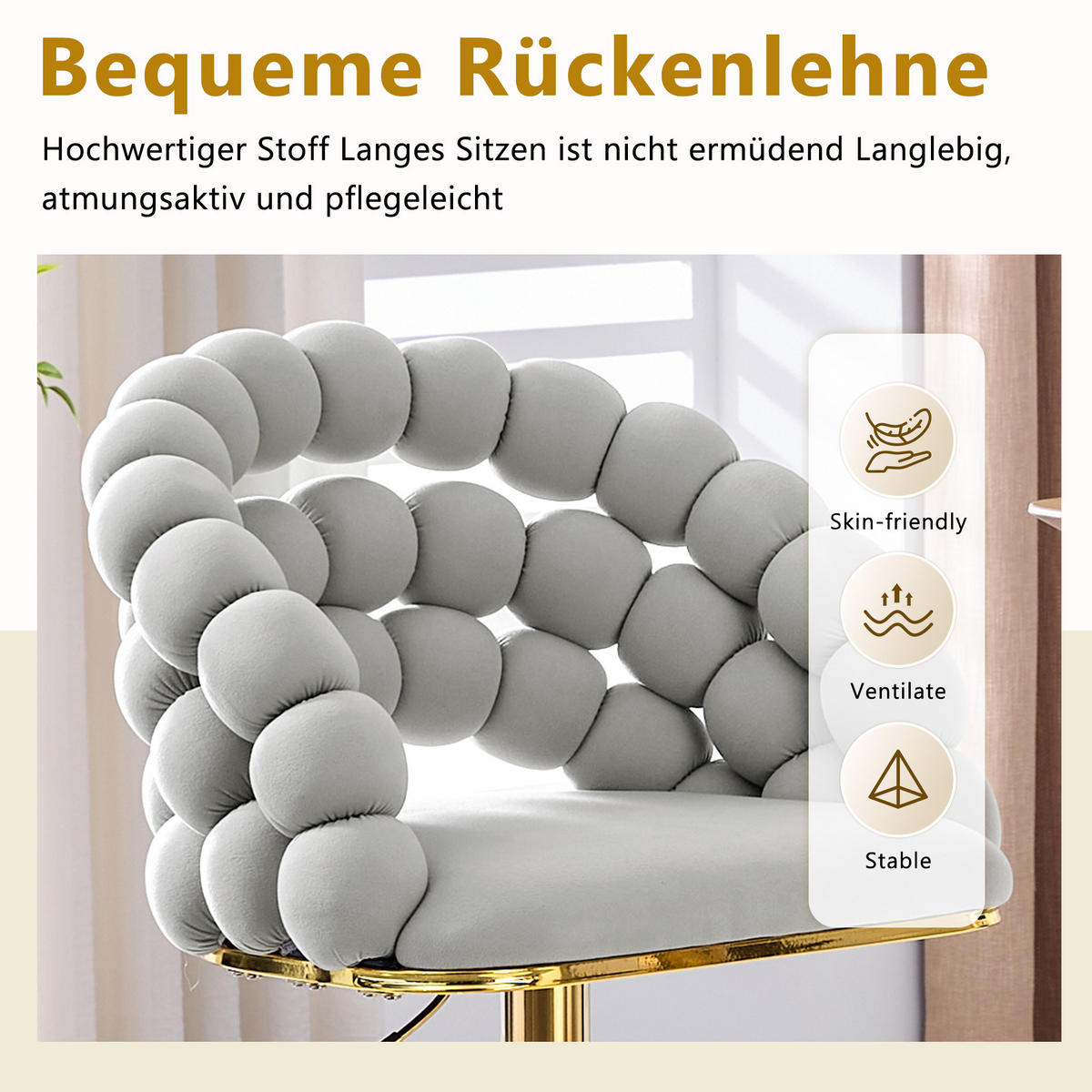 BARHOCKER 2er-Set aus Samt mit Gold-Gestell, Kugelketten-Rückenlehne und höhenverstellbar - Hellgrau, Textil (45/112/52cm) - Urban Meuble