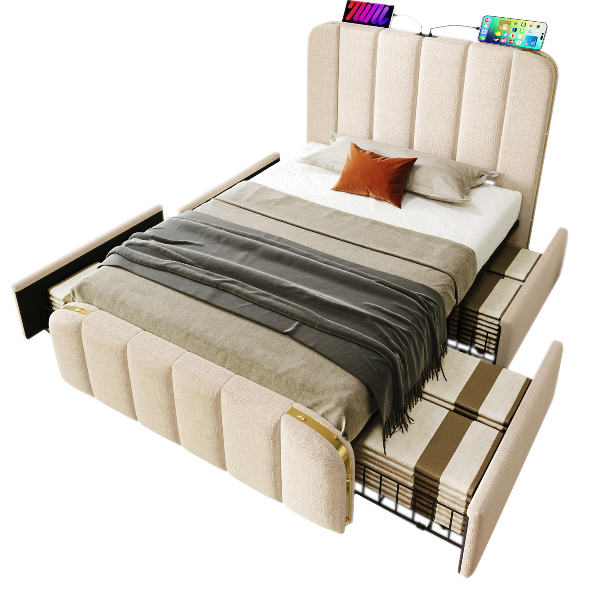 POLSTERBETT mit 4 Schubladen 90x200 cm Leinen Beige inkl. Matratze - Beige, Metall (90/200cm) - Meubliv