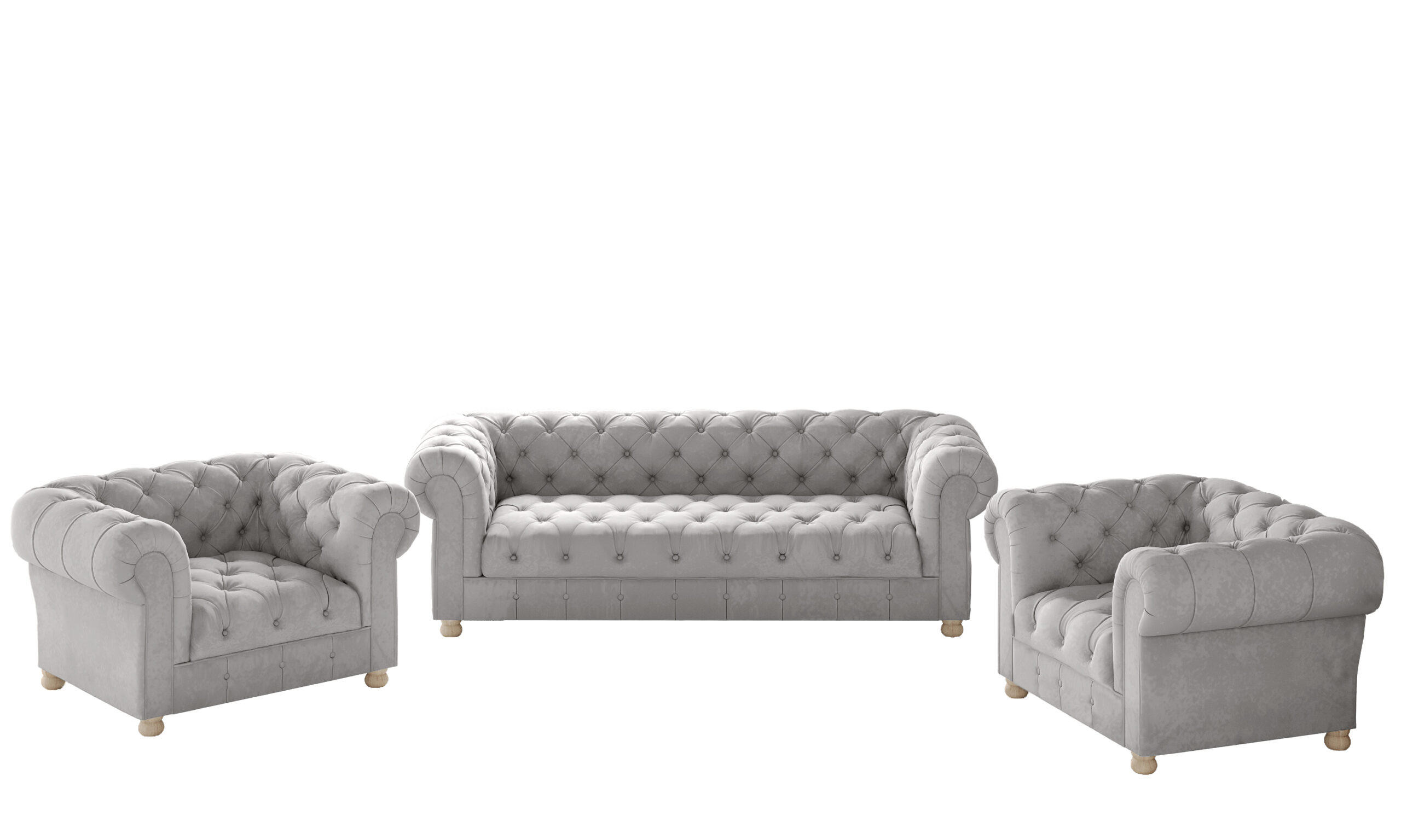 SITZGARNITUR 3+1+1 CHESTERFIELD Elegant Klassisch Schick Stoff Whisper Silber - Silberfarben, Holz (202/77/90cm) - Kaiser Möbel