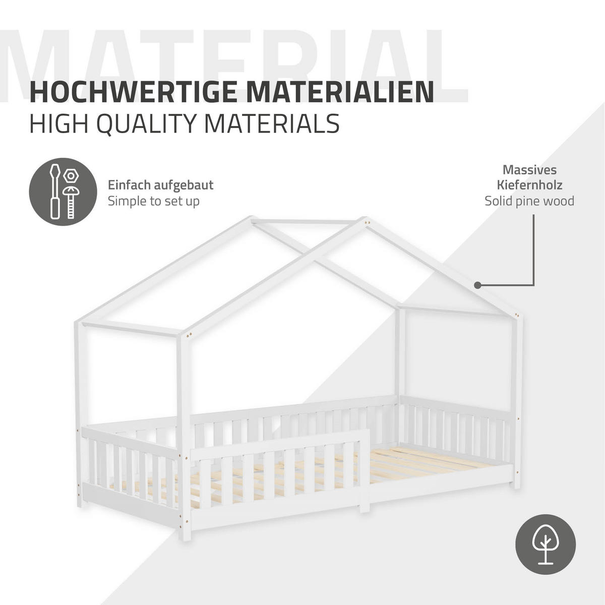 HAUSBETT mit Matratze 90x200 cm H:16cm Weiß aus Kiefernholz mit Rausfallschutz - Weiß, Holz (90/200cm) - ML-DESIGN