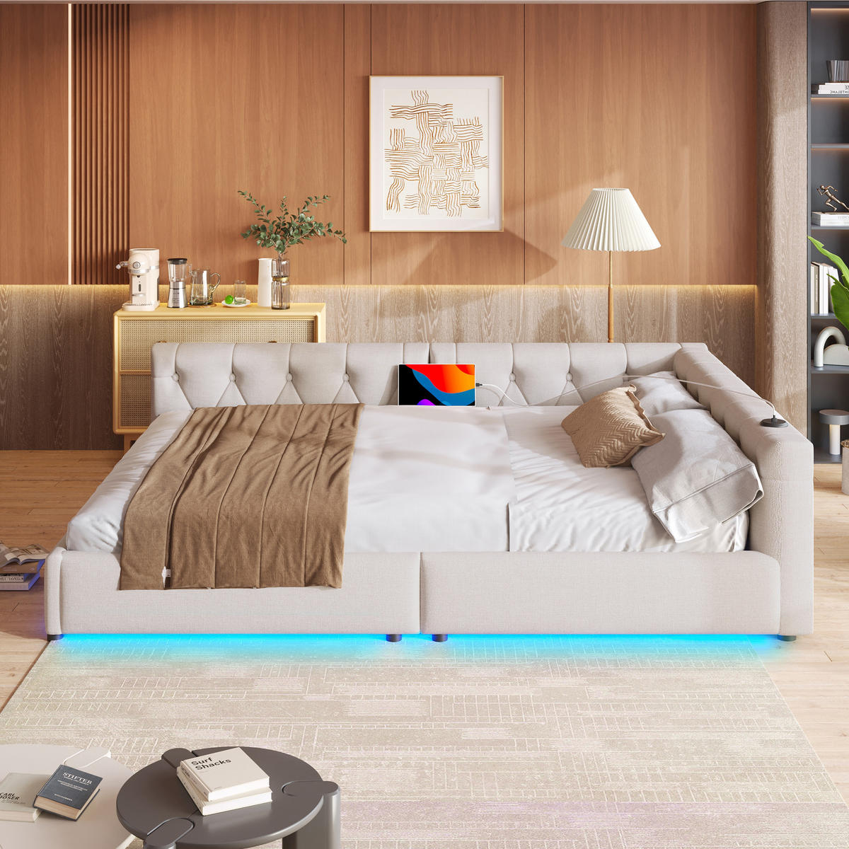 SCHLAFSOFA 140x200cm Beige Leinen LED-Licht Kopfteil USB-C - Beige, Holz (140/200cm) - FLIEKS
