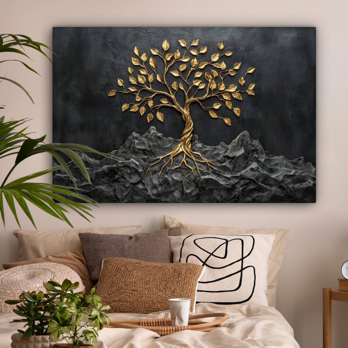 LEINWANDBILD Blätter - Gold - Baum - Fels Wohnzimmer Groß 120x80 cm - Schwarz, Textil (120/80cm) - MuchoWow