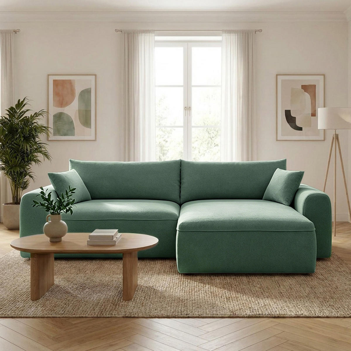 ECKSCHLAFSOFA BELAIR in Grün mit Bettkasten und Bouclé-Bezug - Grün, Holz - Concept Usine
