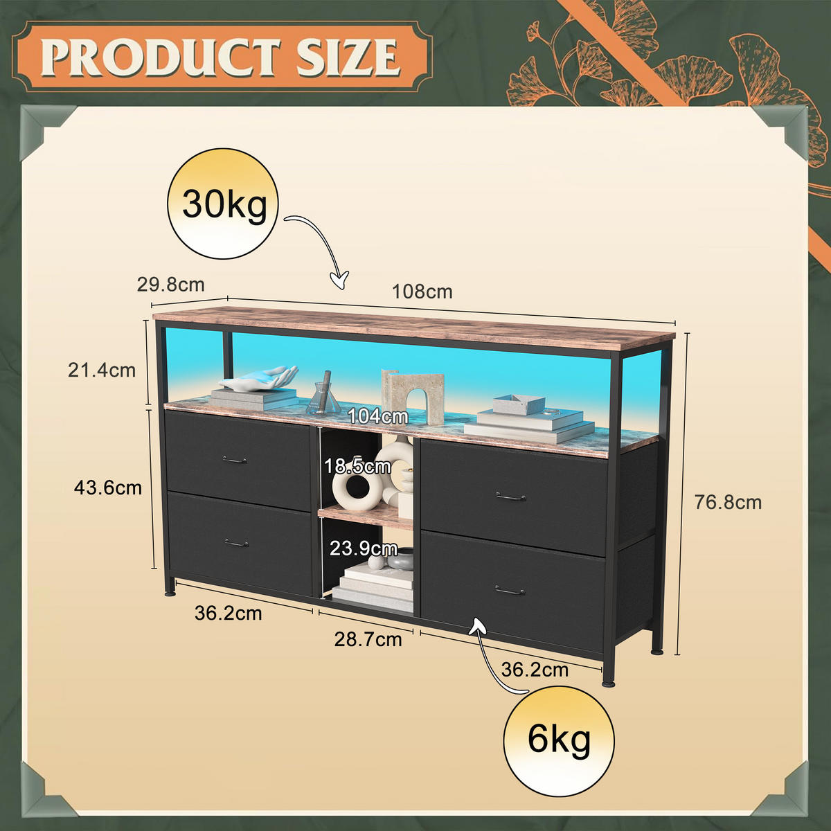 TV-SCHRANK 108 cm, LED, Holzoptik Tiger, 4 Stoffschubladen PU, Metallrahmen, höhenverstellbare Füße - Schwarz, Holz (108/76.8/29.8cm) - EuroLiving