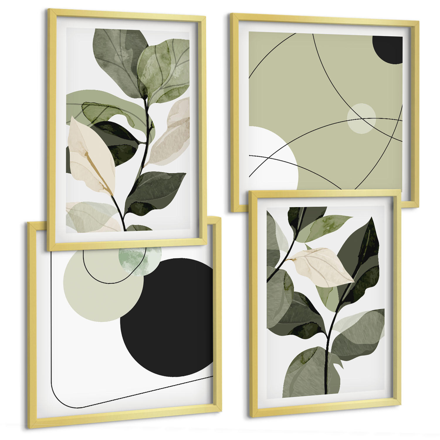 BILDER SET 4er Set - 50x50 cm & 40x60 cm Goldrahmen - Abstrakte Darstellung gemalter Blätter - Goldfarben, Kunststoff (50/50cm) - TULUP