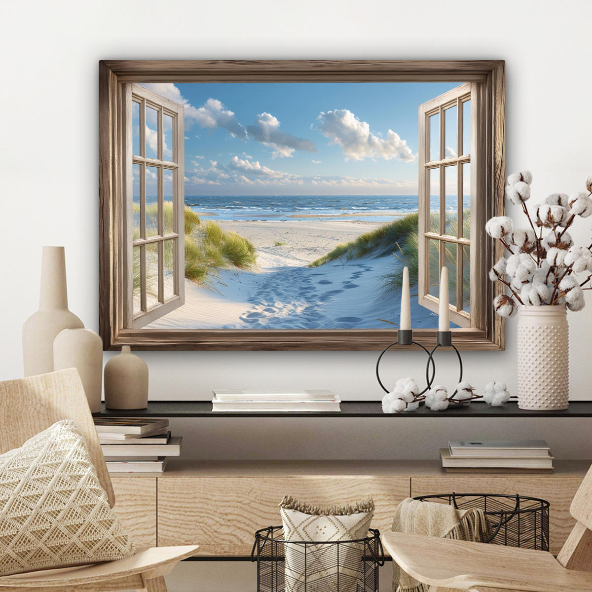 LEINWANDBILD Aussicht - Strand - Fenster - Dünen - Meer Wandbilder 80x60 cm - Hellblau, Textil (80/60cm) - MuchoWow