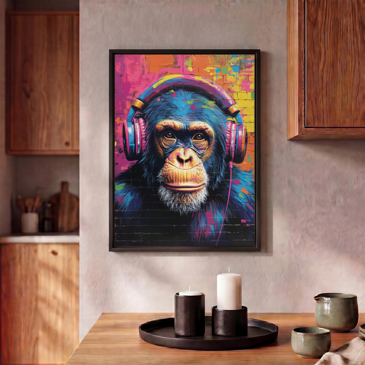 LEINWAND Bilder mit Rahmen - Graffiti - Schimpanse - Straßenkunst - Kopfhörer - Affe - 30x40 - Blau, Textil (30/40cm) - MuchoWow