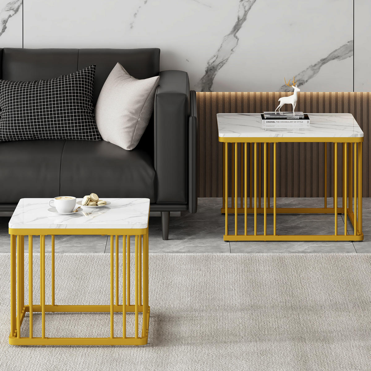 COUCHTISCH-SET 2-teilig, Marmoroptik Hochglanz, ineinander schiebbar, 60/60/45 + 45/45/40 cm, Weiß - Weiß, Holzwerkstoff (60/60/45cm) - Redom