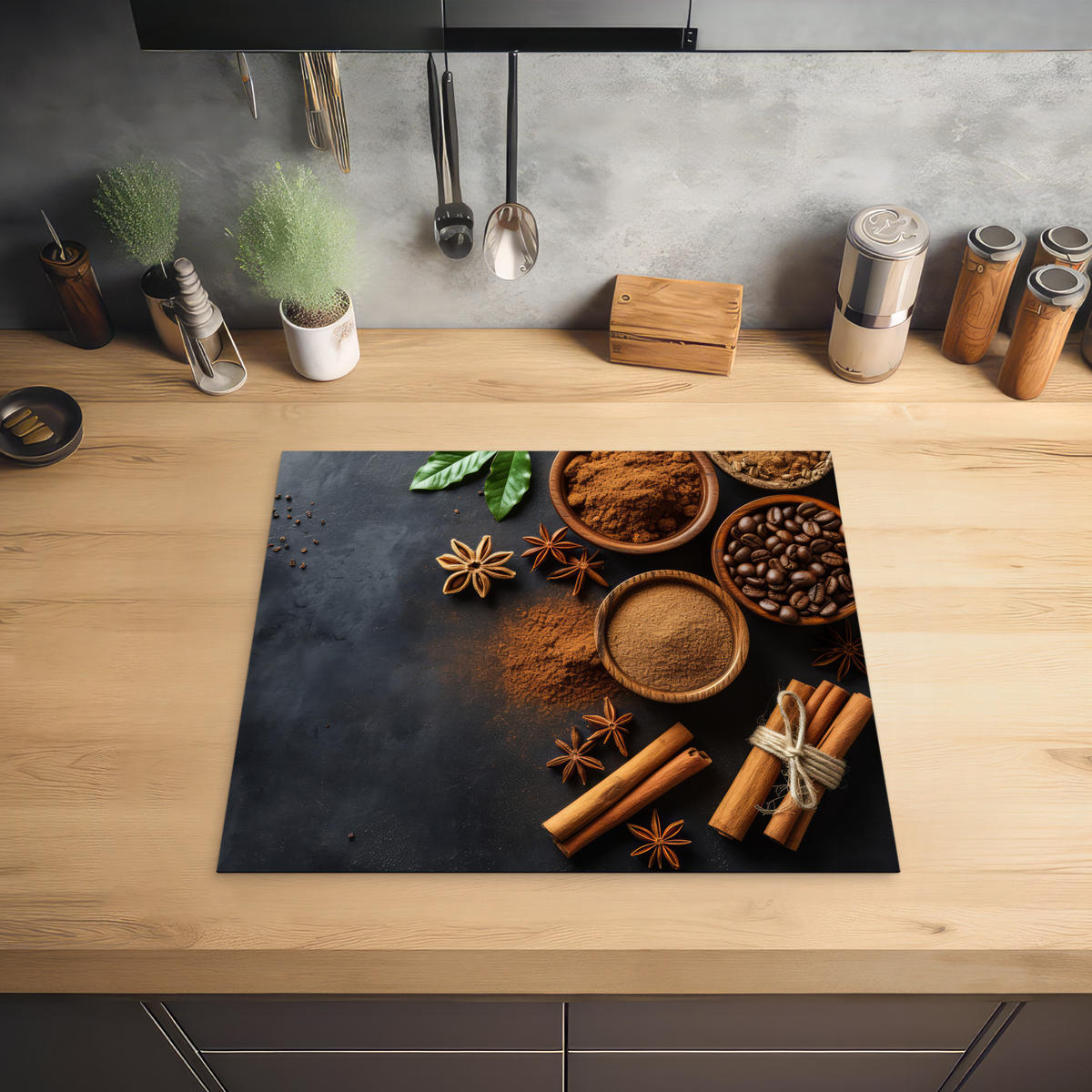 HERDABDECKPLATTE Zimt - Beton - Kaffee - Zimtstangen - Gewürze 57x51 cm - Mokka, Kunststoff (57.6/0.2/51.6cm) - MuchoWow