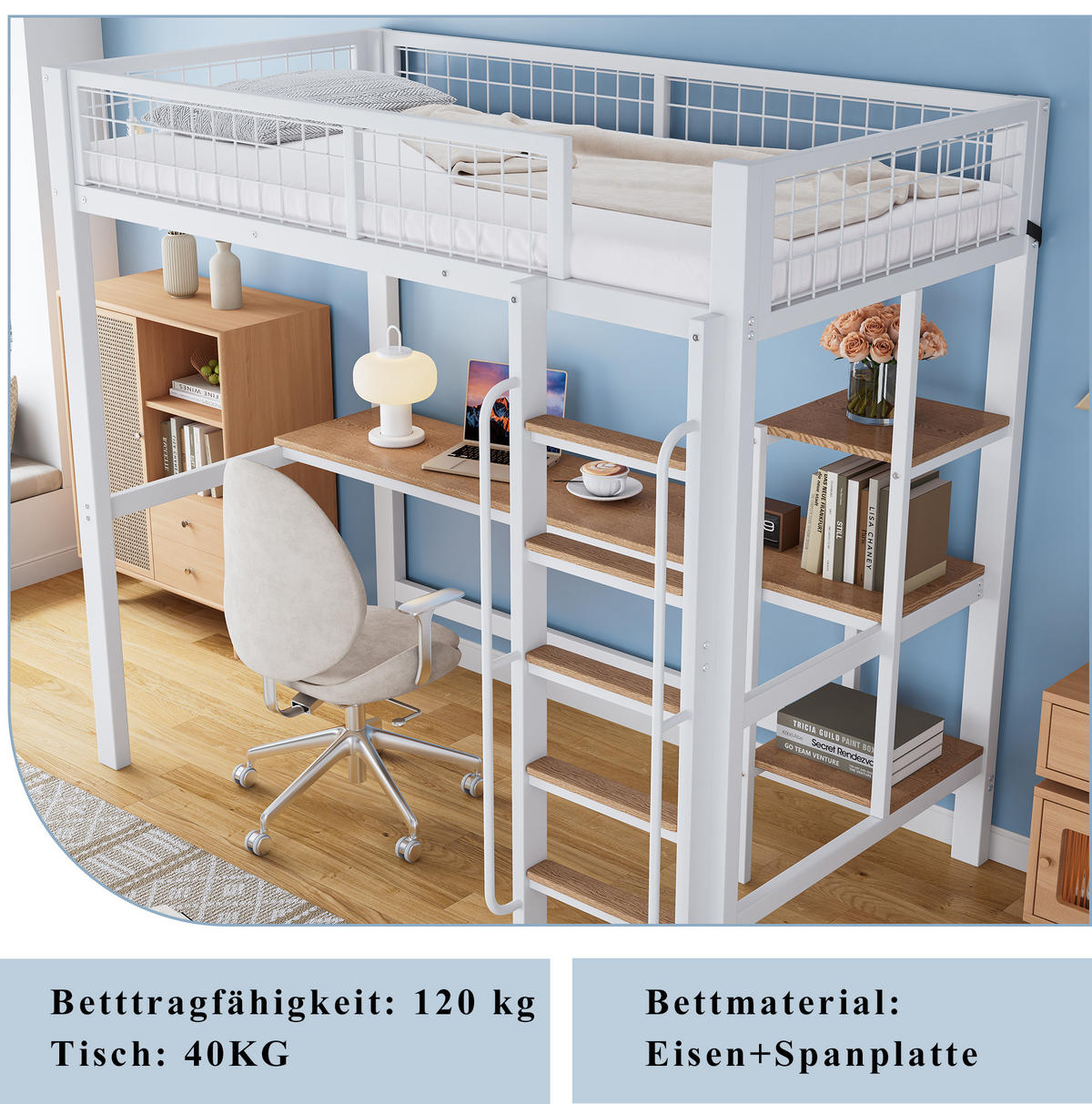 HOCHBETT 90/200 cm mit Schreibtisch und Regalen – Metall in Weiß/Natur - Weiß, Metall (90/200cm) - BEAOK