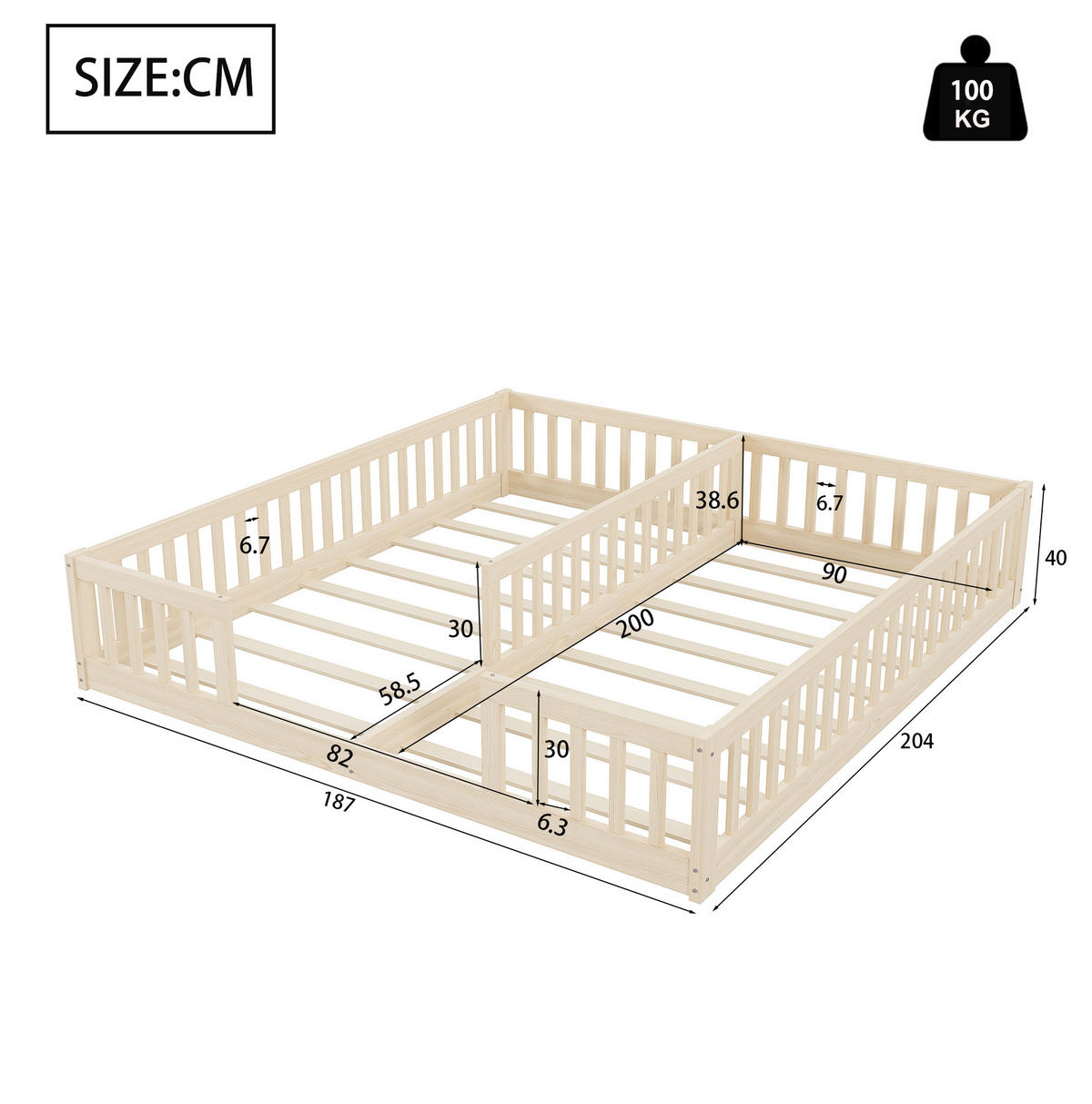 KINDERBETT aus Kiefernholz und MDF 2x90x200 cm Natur mit Lattenrost und Sicherheitsgitter - Naturfarben, Holzwerkstoff (90/200cm) - IVMEU