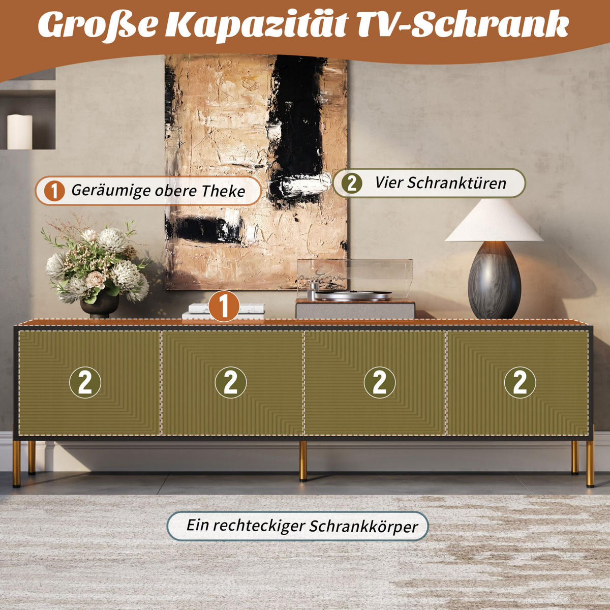 TV-LOWBOARD 179/35/53,5 cm mit 4 Türen und griffloser Front - Hellbraun, Holzwerkstoff (179/53.5/35cm) - BEAOK