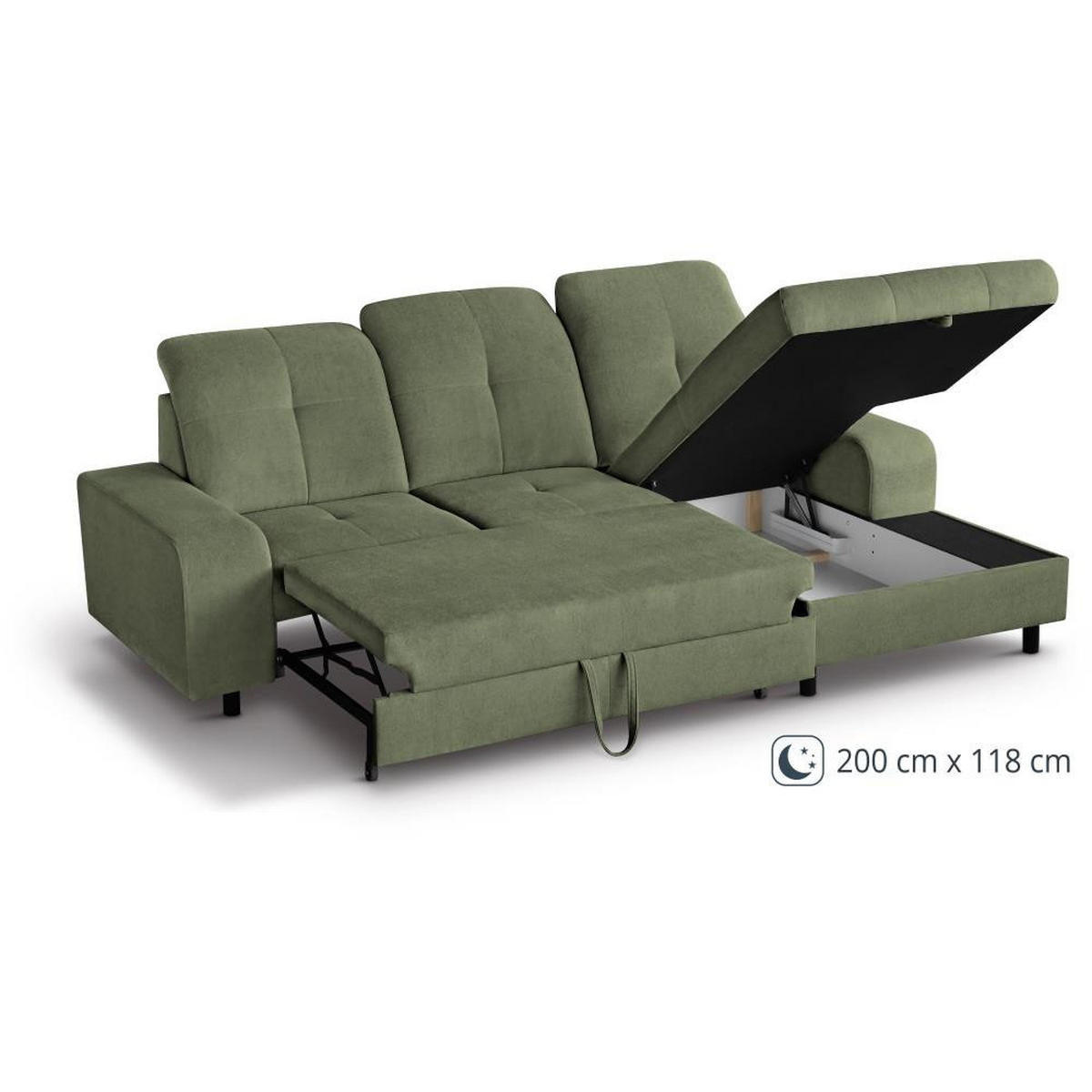 ECKSCHLAFSOFA Leon L Grün - Schwarz/Grün, Kunststoff/Textil (255/120cm) - Beautysofa