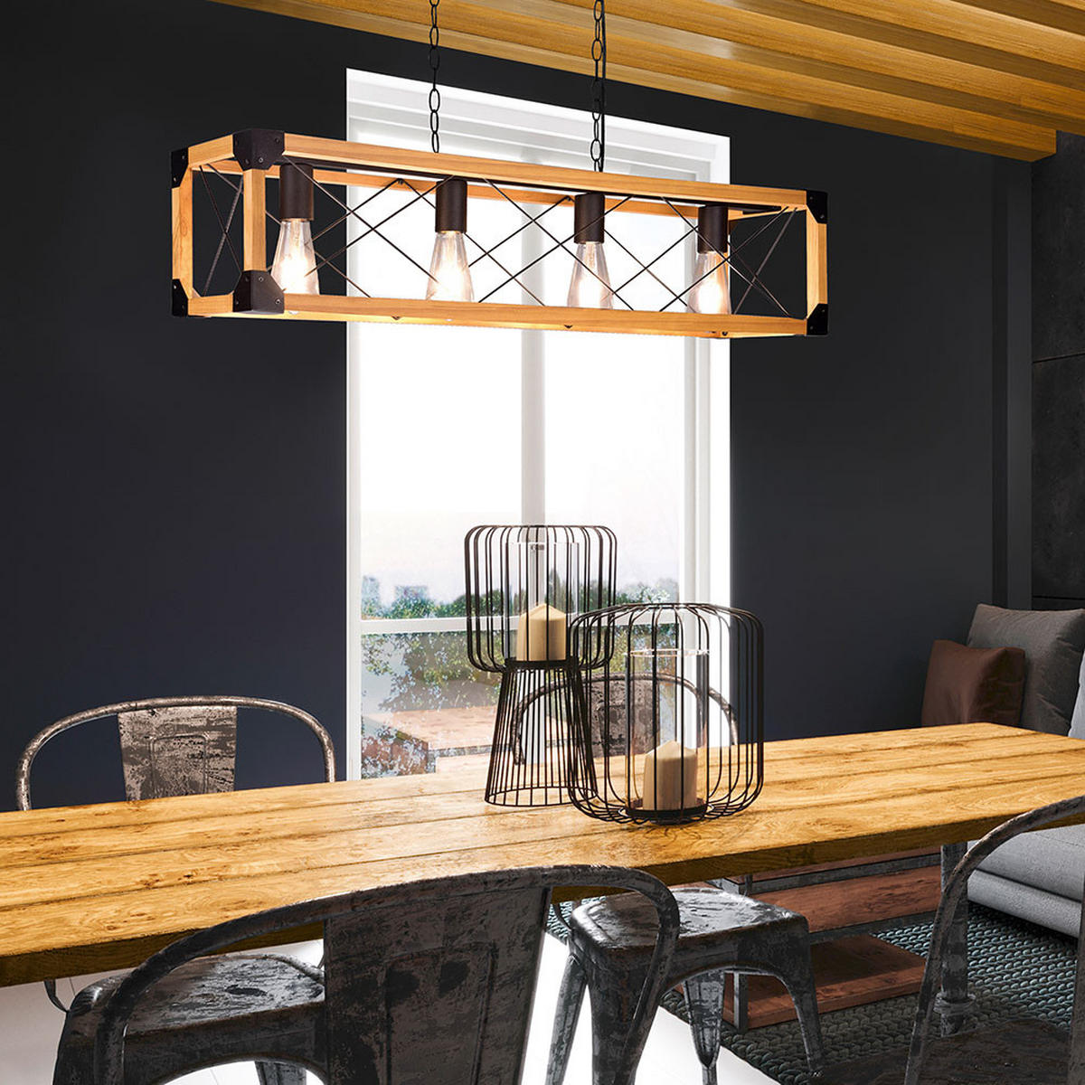 HÄNGELEUCHTE Holz Metall Schwarz Natur - Braun, Holz (100/20/150cm)