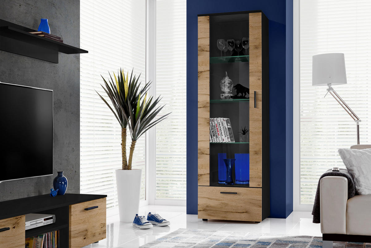 VITRINE ALESSANDRIA, Wotan - Eiche Wotan/Schwarz, Glas/Holzwerkstoff (60/192/42cm) - Komodee