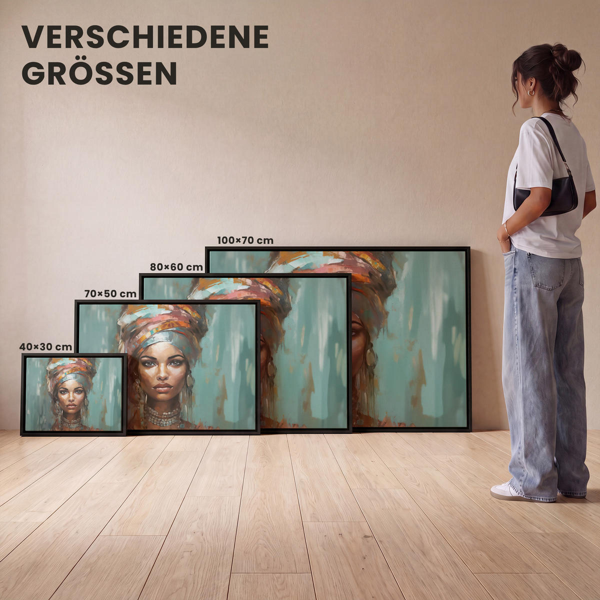 LEINWAND Bilder mit Rahmen - Frau - Kunst - Schmuck - Porträt - 70x50 - Blaugrau, Textil (70/50cm) - MuchoWow