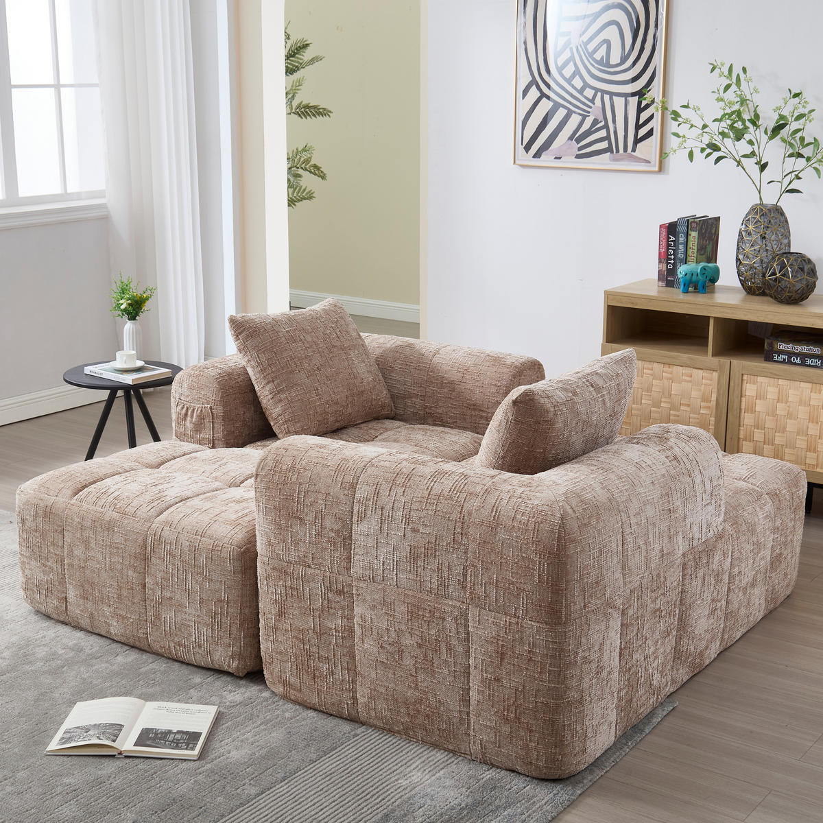 ECKSOFA L-Form 3-Sitzer mit Chaiselongue und Armlehnen Chenille khaki 250/158/60 cm - Naturfarben, Textil (250/158cm) - OKWISH