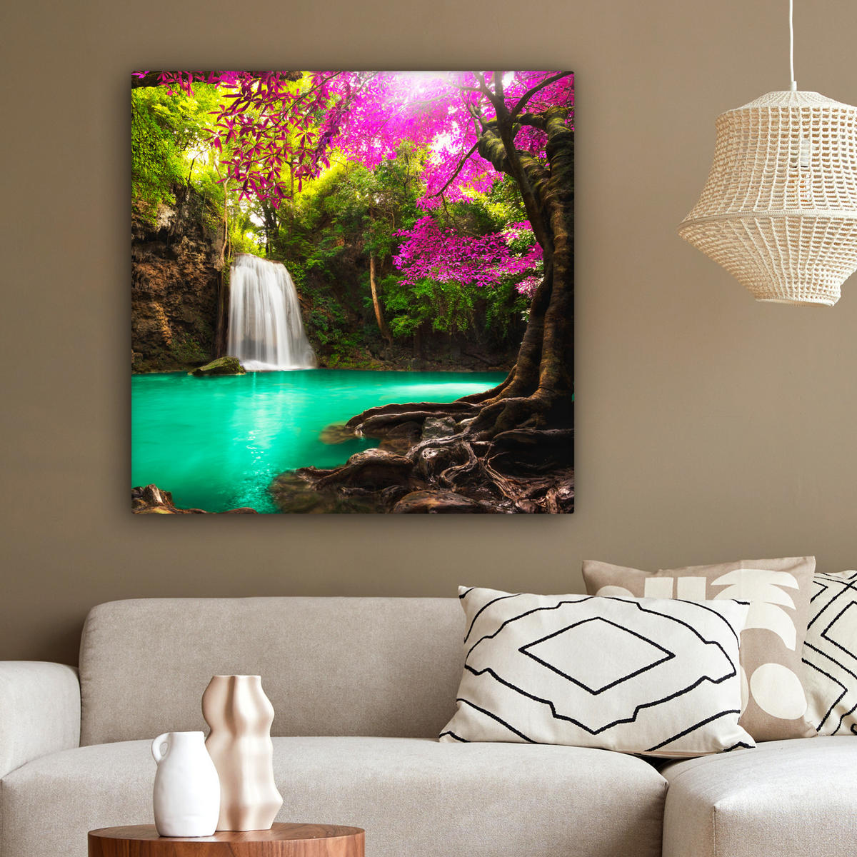 LEINWANDBILD Wasserfall mit bunten Blumen und Bäumen - Natur - Dschungel 90x90 cm - Waldgrün, Textil (90/90cm) - MuchoWow