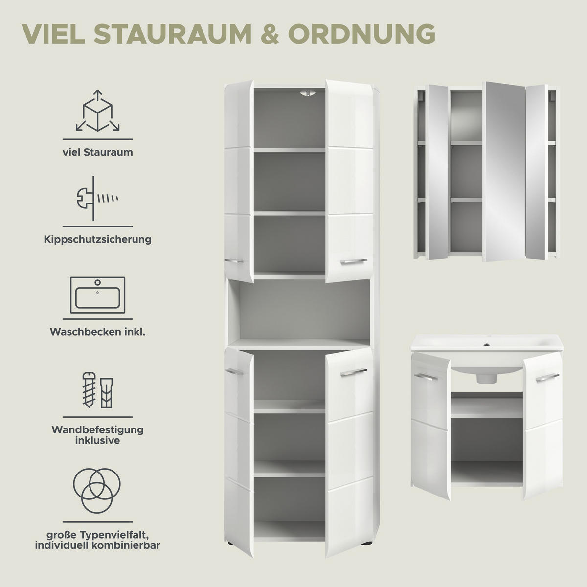 BADKOMBINATION Ice 135x185x46 cm weiß Hochglanz MDF 3tlg. - Weiß, Holz (135/185/46cm)