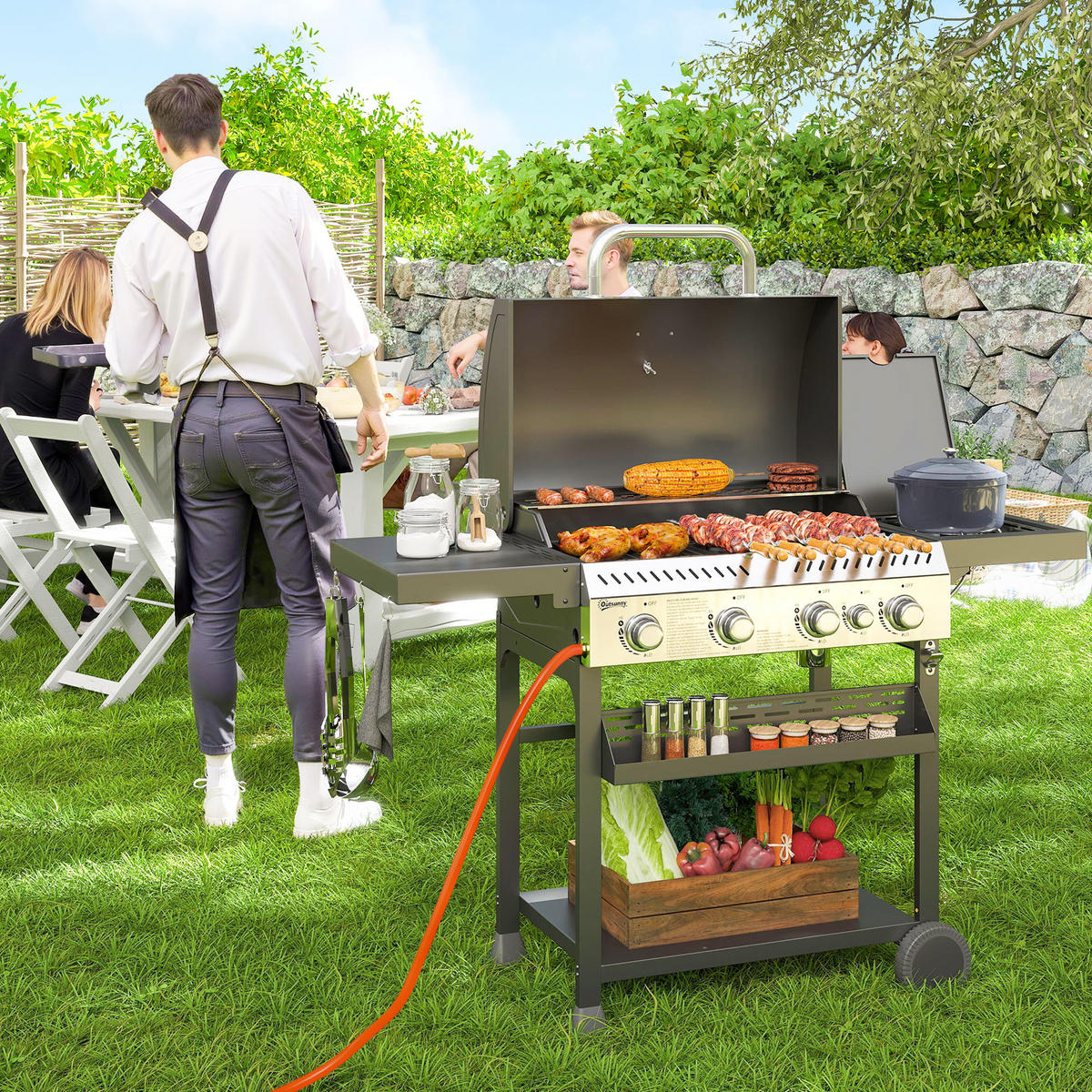 GASGRILL DE-10049 4 Hauptbrenner + Seitenkocher Schwarz - Schwarz, Metall (55/103/135cm) - ComfortXL