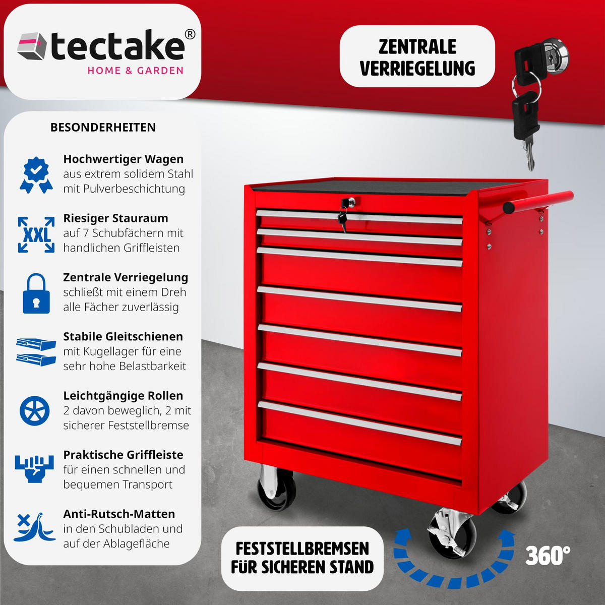 WERKZEUGWAGEN ,Rollen Ø 100 mm,rot - Rot, Metall (33/79/69cm) - tectake
