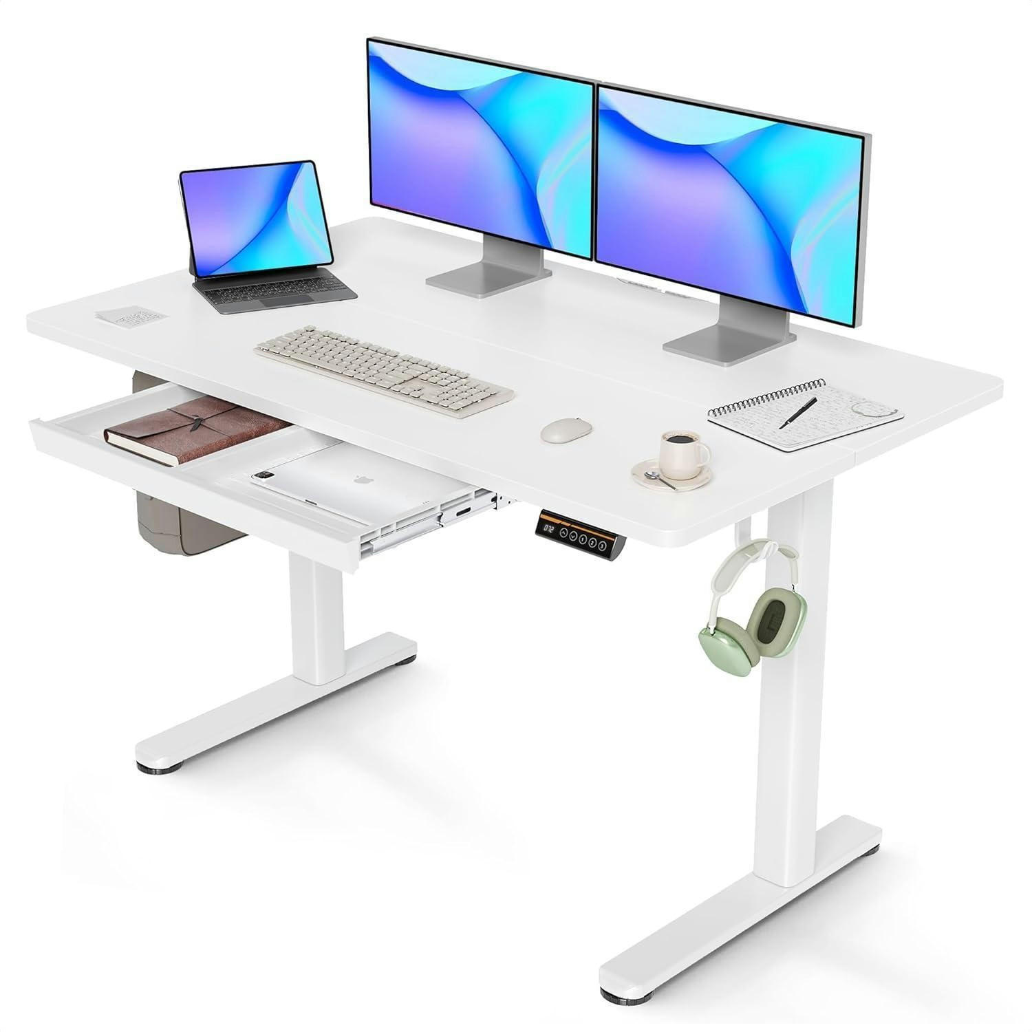 SCHREIBTISCH höhenverstellbar 120 x 60 cm mit Schublade und Memory-Funktion Weiß - Weiß, Holzwerkstoff (60/120/118cm)