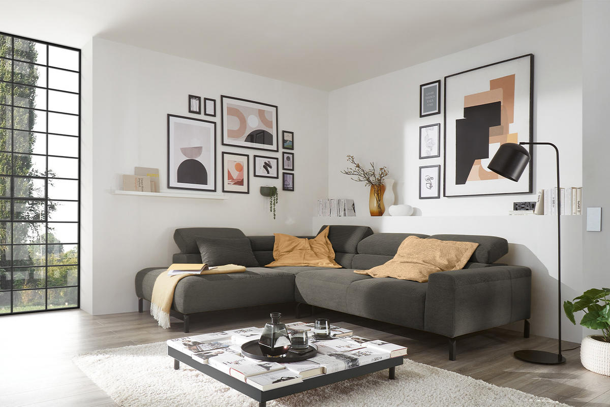 ECKSOFA MIT MOTORISCHEM SITZVORZUG DELIA Anthrazit Cord - Anthrazit/Schwarz, Textil/Metall (276/219cm) - KAWOLA