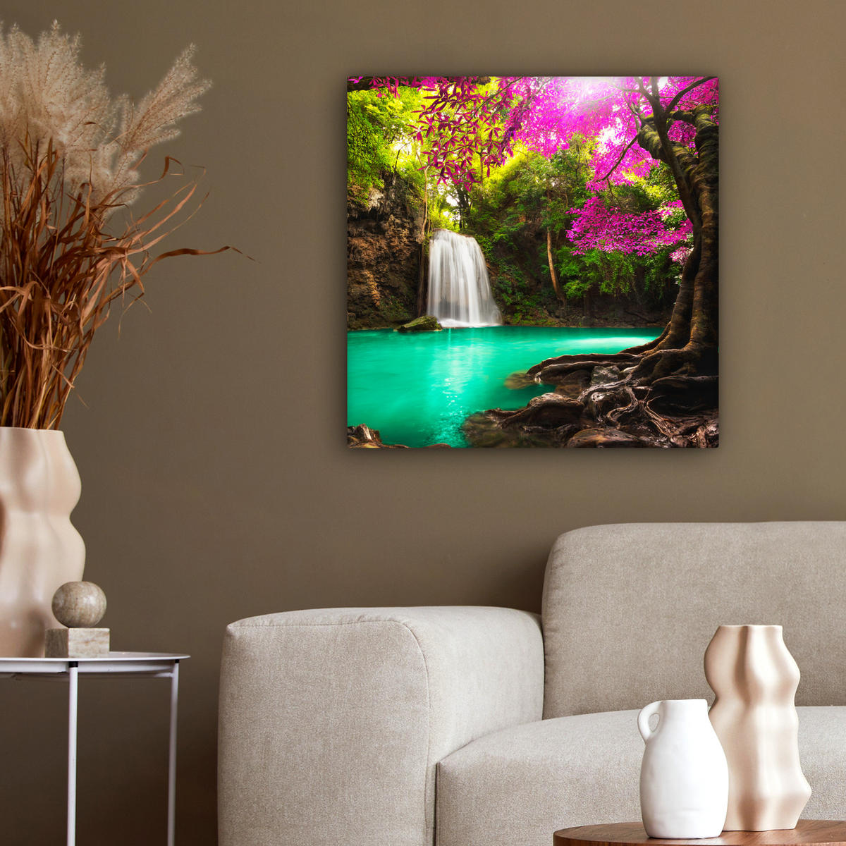 LEINWANDBILD Wasserfall mit bunten Blumen und Bäumen - Natur - Dschungel 50x50 cm - Waldgrün, Textil (50/50cm) - MuchoWow