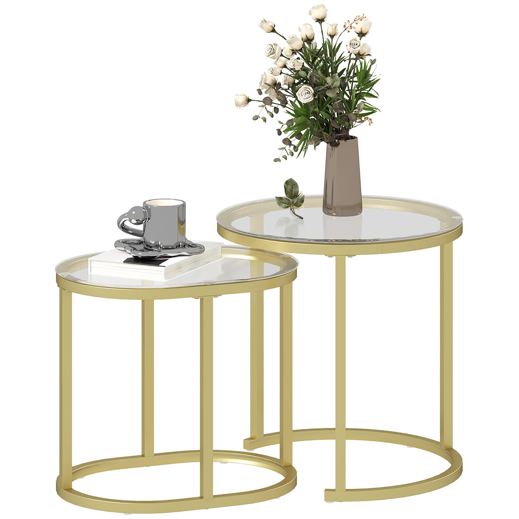 COUCHTISCH 2er-Set DE-08795 rund & oval, stapelbar mit Glasplatte Gold - Goldfarben, Metall (50/50/50.5cm) - ComfortXL