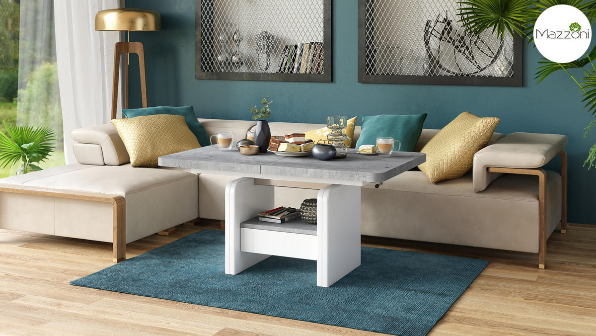 COUCHTISCH rechteckig Beton - Weiß höhenverstellbar ausziehbar - Hellgrau/Weiß, Holzwerkstoff (75/180/75cm) - designimpex