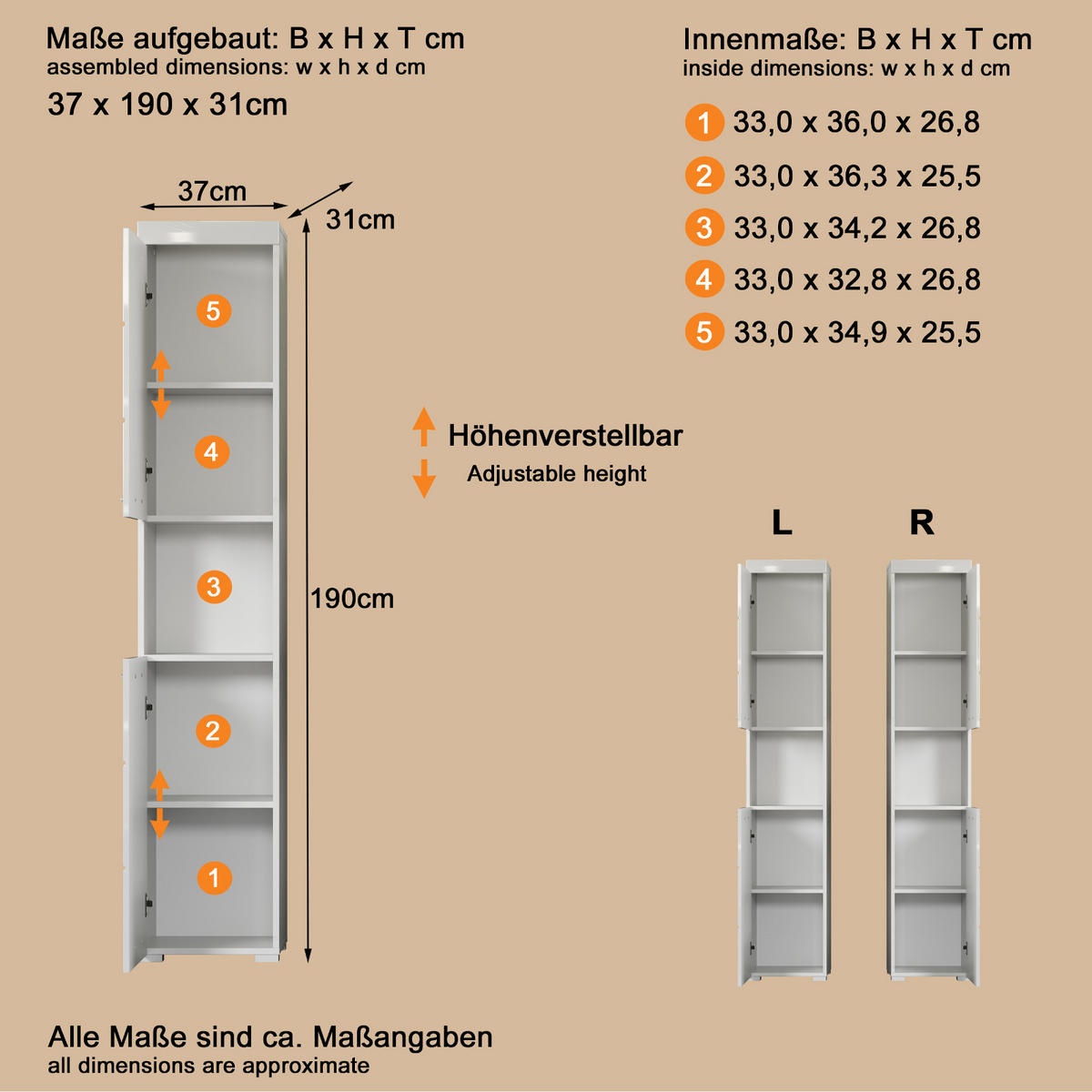 HOCHSCHRANK weiß Hochglanz 37 x 190 cm, Badschrank 2-türig - Weiß, Holzwerkstoff/Kunststoff (37/190/31cm) - Top.Furn