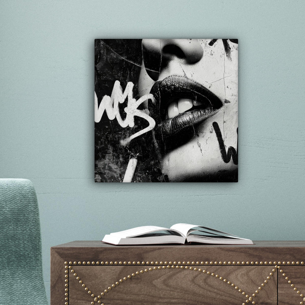 LEINWANDBILD Gesicht - Mund - Graffiti - Schwarz Deko Wohnzimmer 20x20 cm - Schwarz, Textil (20/20cm) - MuchoWow