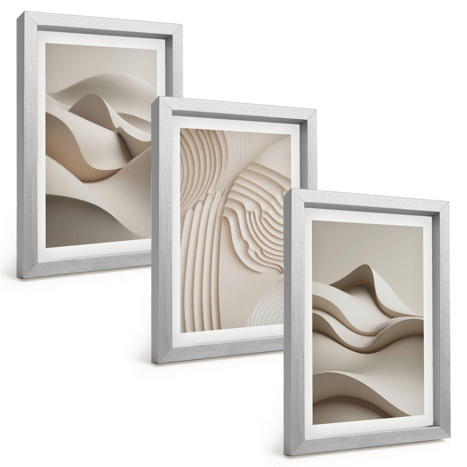 BILDER SET 3er Set - 20x30 cm Silberner Rahmen - Abstrakte beige Wellen - Silberfarben, Kunststoff (20/30cm) - TULUP