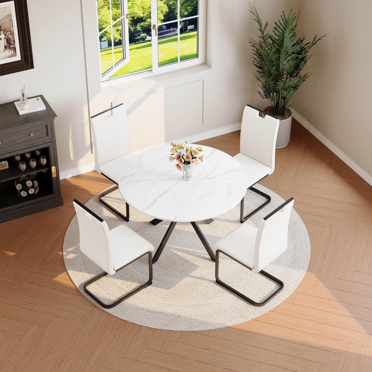 ESSGRUPPE DE-39511 5-teilig, runder Marmortisch Weiß - Weiß, Holzwerkstoff (110/75/110cm) - ComfortXL