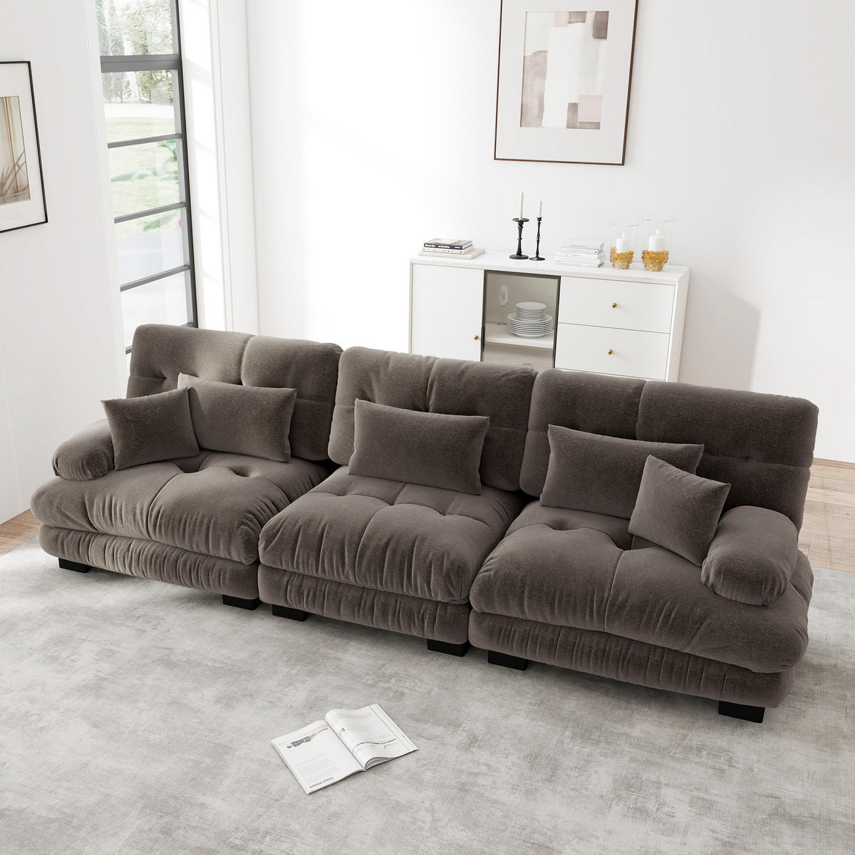 SOFA modular mit tiefem Sitz Chenille Brown - Dunkelgrau, Kunststoff (77/81/313cm) - Meubliv