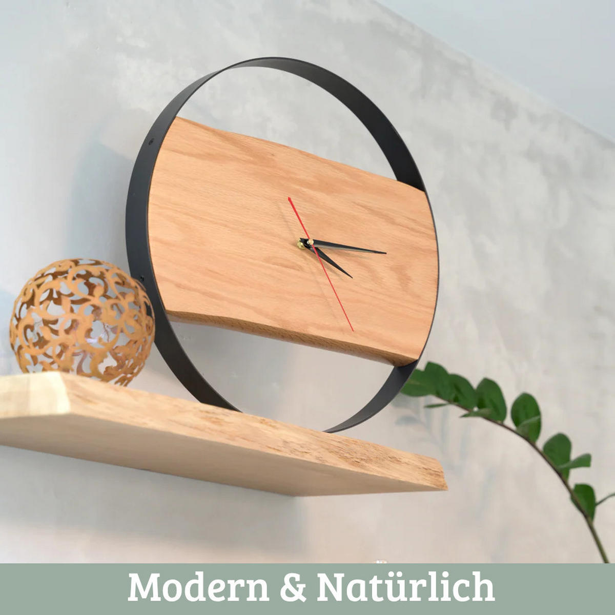 WANDUHR groß Holz PHIL HANDGEFERTIGT 43 cm ⌀ Eiche Geräuschlos - Braun, Holz (43/43/4cm) - DELUKE