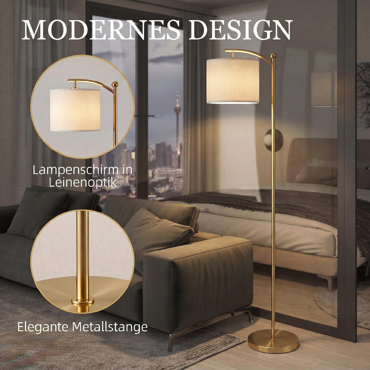 STÅENDE lampa i metall och tyg, guld - Guldfärgad, Metall (54.3/30.6/159.6cm) - HOMCOM