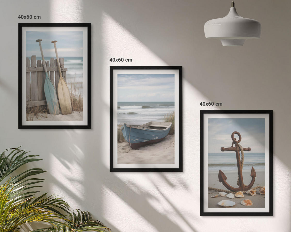 BILDER SET 3er Set - 40x60 cm Schwarzer Rahmen - Strandbootanker Sand - Schwarz, Kunststoff (40/60cm) - TULUP