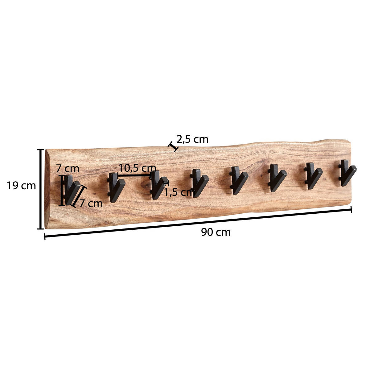 WANDGARDEROBE Massivholz Metall Modern mit Baumkante und 8 Haken - Beige, Holz (90/19/9cm) - KADIMA DESIGN