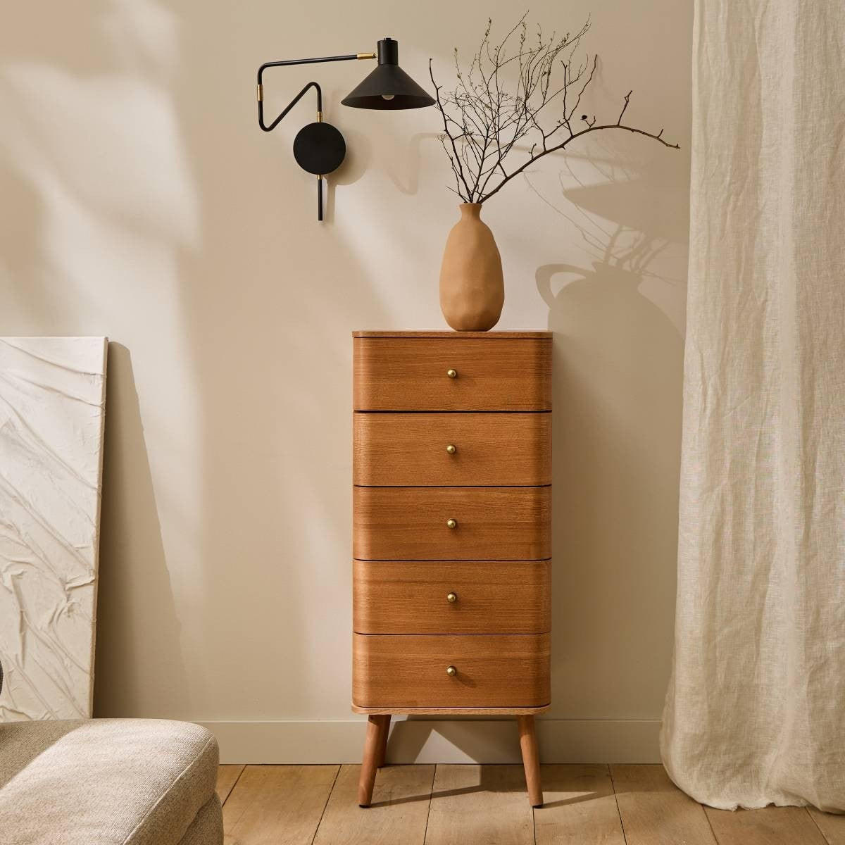 HOCHKOMMODE mit 5 Schubladen und abgerundeten Frontkanten 42/35/100 cm - Eschefarben, Holzwerkstoff (35/100/48cm) - Calicosy