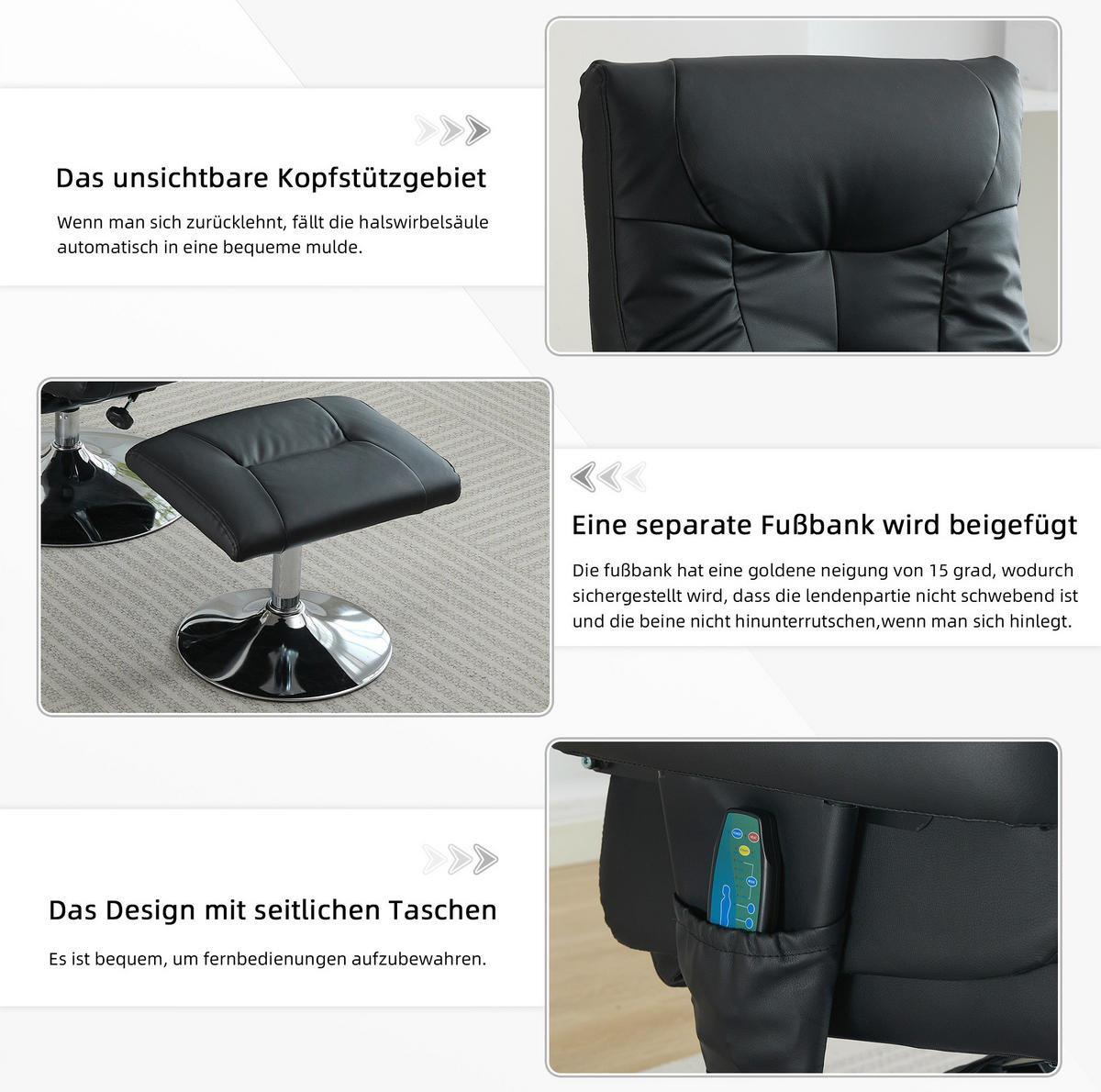RELAXSESSEL PU mit Massage und Sitzheizung 76/75/103 cm Schwarz - Schwarz, Kunststoff (75/103/76cm) - Redom
