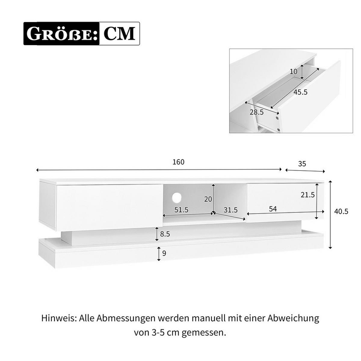 TV-SCHRANK 160x35cm Hochglanz LED-Beleuchtung App-Steuerung Weiß 2 Schubladen - Weiß, Holz (45.5/11.5/171cm) - FLIEKS